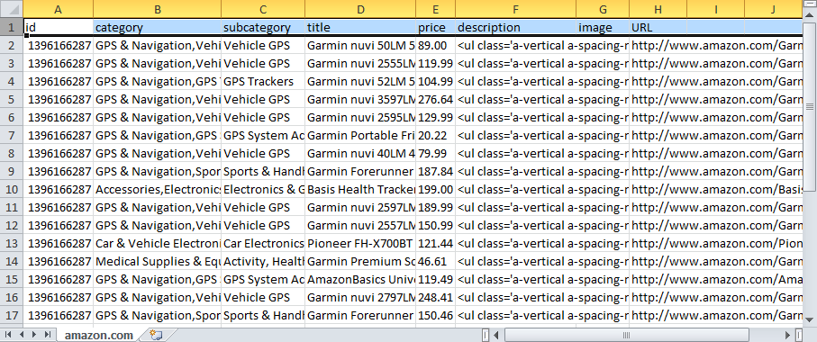 Amazon scraped data export in Excel