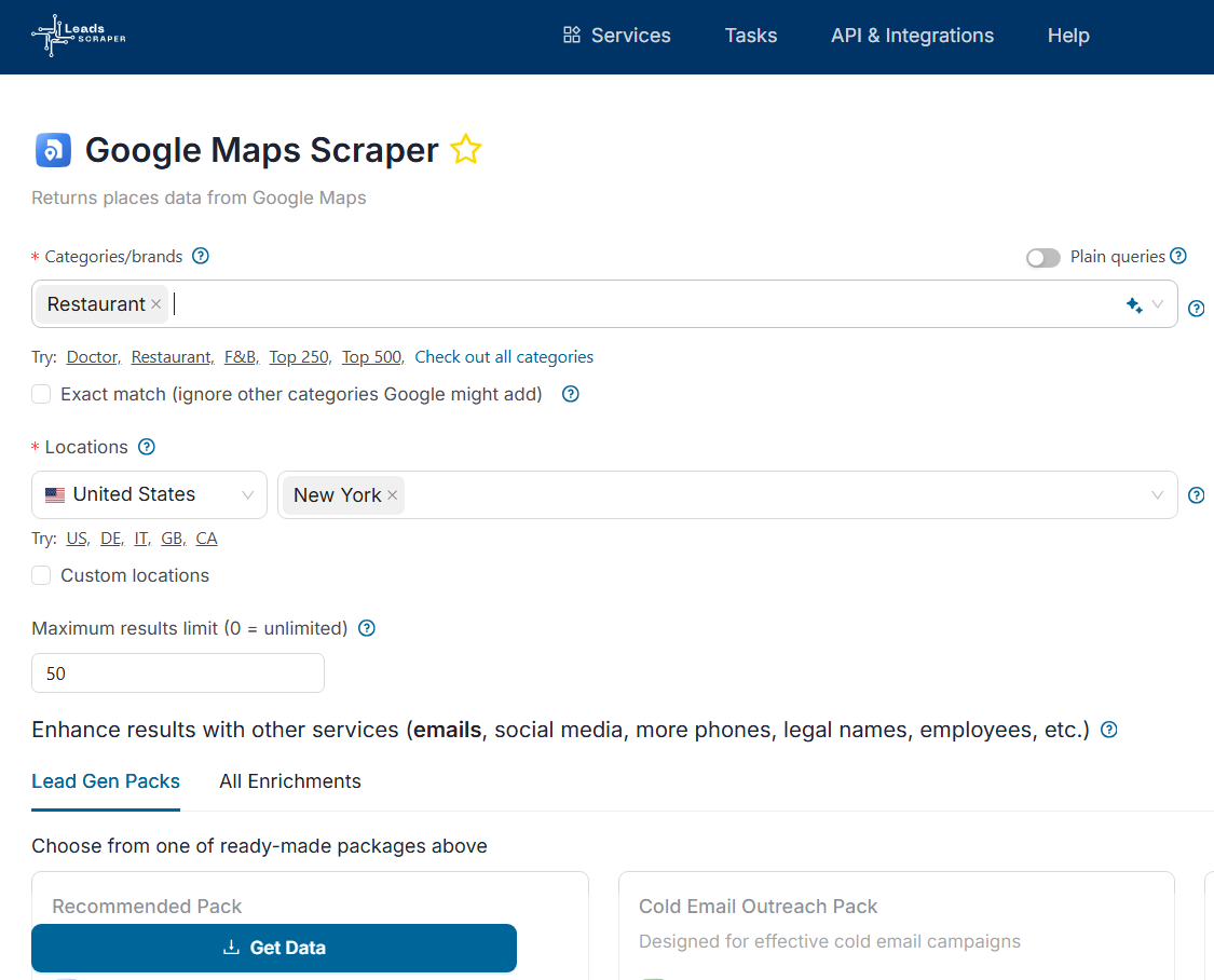 LeadsScraper Google Maps tool interface
